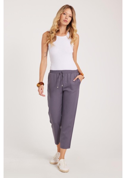 Kadın Relax Fit Rahat Kesim Yüksel Bel Dar Paça Beli Lastikli Bağcıklı antrasit Pantolon indirimleri