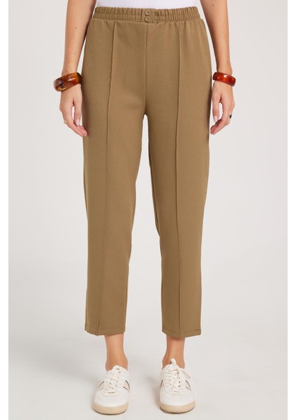 Kadın Relax Fit Rahat Kesim Yüksel Bel Düz Paça Beli Lastikli Haki Pantolon
