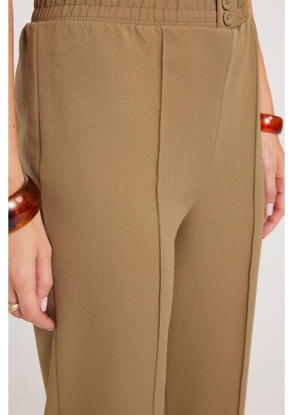 Kadın Relax Fit Rahat Kesim Yüksel Bel Düz Paça Beli Lastikli Haki Pantolon modelleri