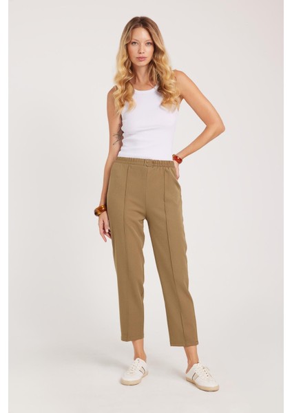 Kadın Relax Fit Rahat Kesim Yüksel Bel Düz Paça Beli Lastikli Haki Pantolon fırsatları