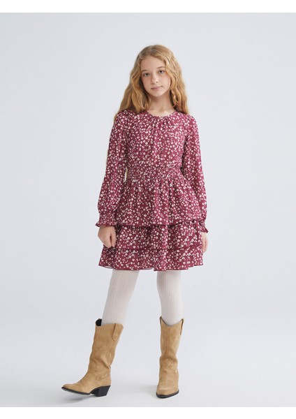 Yeni Sezon Bisiklet Yaka Çiçekli Kız Çocuk Elbise