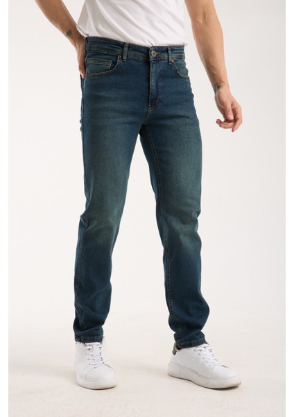 Erkek Pantolon Regular Fit Yeşil Tint Fermuarlı Rahat Giyim Jeans
