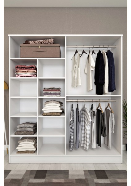 Ases ELA536 Geniş Gardırop Bol Raflı Askılıklı 4 Kapaklı ve 2 Ayrı Renk Beyaz - Safir Meşe