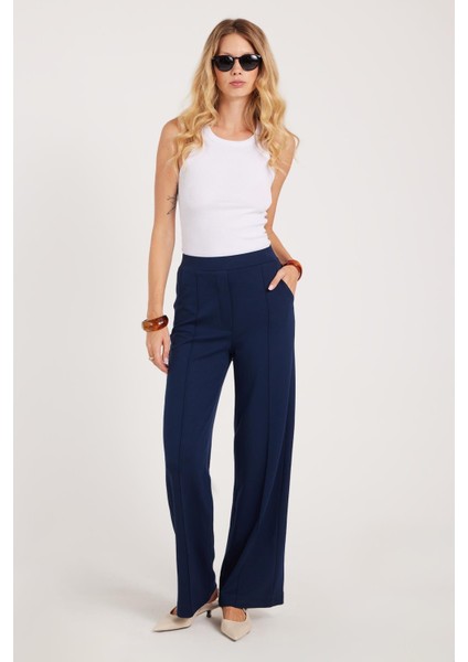 Kadın Relax Fit Rahat Kesim Modal Kumaş Yüksel Bel Geniş Paça Lacivert Pantolon fiyatları