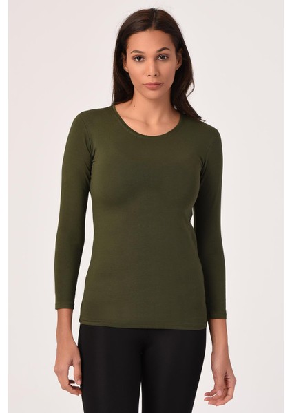 Yuvarlak Yaka Uzun Kollu Pamuklu Haki Body