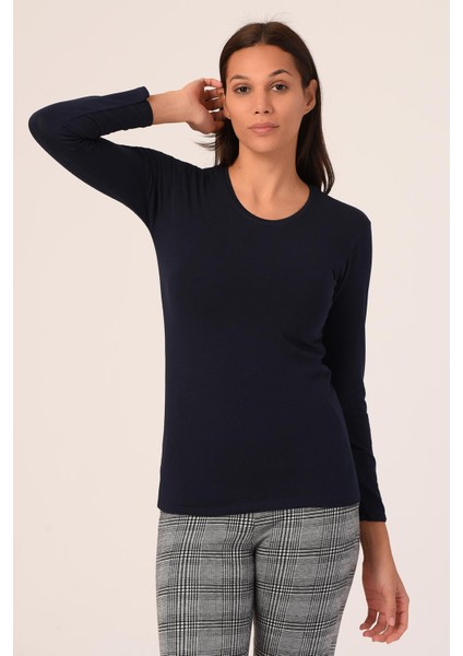 Yuvarlak Yaka Uzun Kollu Pamuklu Lacivert Body