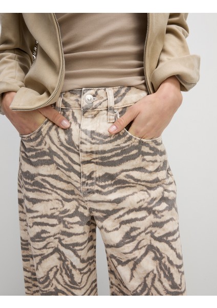 Leopar Desenli Wide Leg Jean Pantolon fırsatları