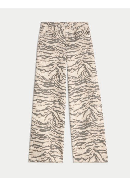 Leopar Desenli Wide Leg Jean Pantolon indirimleri