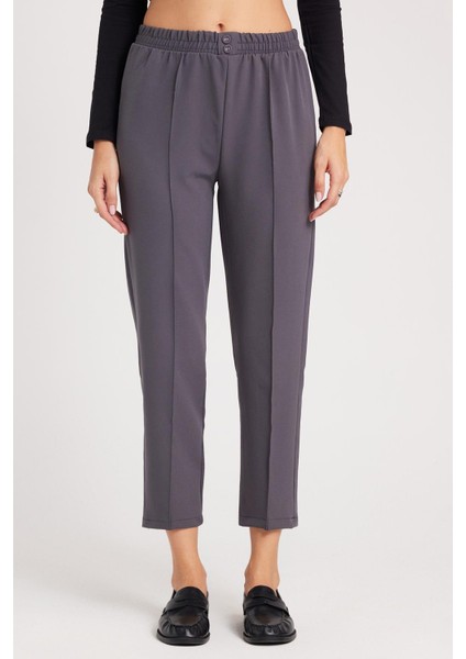Kadın Relax Fit Rahat Kesim Yüksel Bel Düz Paça Beli Lastikli Antrasit Pantolon