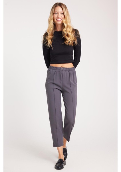 Kadın Relax Fit Rahat Kesim Yüksel Bel Düz Paça Beli Lastikli Antrasit Pantolon fırsatları
