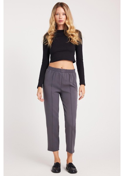 Kadın Relax Fit Rahat Kesim Yüksel Bel Düz Paça Beli Lastikli Antrasit Pantolon indirimleri