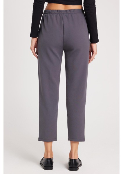 Kadın Relax Fit Rahat Kesim Yüksel Bel Düz Paça Beli Lastikli Antrasit Pantolon