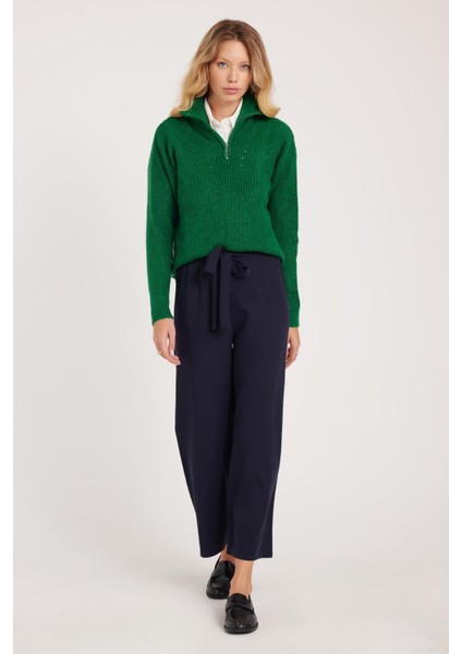 Kadın Relax Fit Rahat Kesim Lastikli Kuşak Bağlamalı Geniş Paça Lacivert Pantolon fırsatları