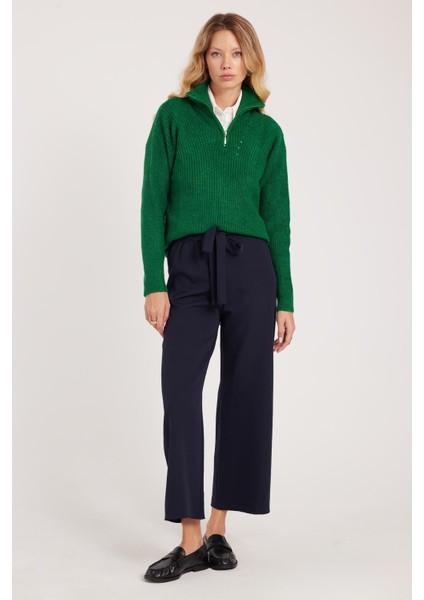 Kadın Relax Fit Rahat Kesim Lastikli Kuşak Bağlamalı Geniş Paça Lacivert Pantolon indirimleri