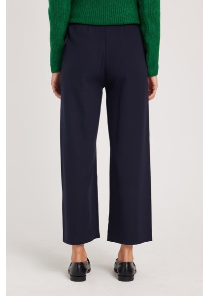 Kadın Relax Fit Rahat Kesim Lastikli Kuşak Bağlamalı Geniş Paça Lacivert Pantolon