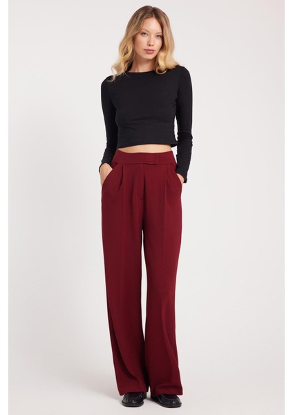 Kadın Regular Fit Klasik Kesim Cırt Kapamalı Geniş Paça Bordo Pantolon fiyatları