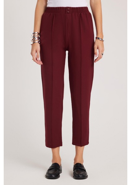 Kadın Relax Fit Rahat Kesim Yüksel Bel Düz Paça Beli Lastikli Bordo Pantolon