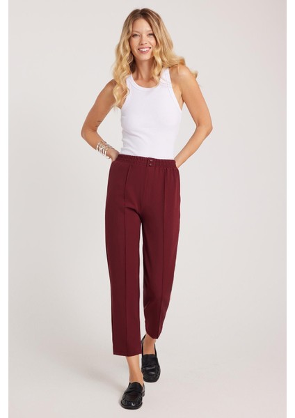 Kadın Relax Fit Rahat Kesim Yüksel Bel Düz Paça Beli Lastikli Bordo Pantolon fiyatları