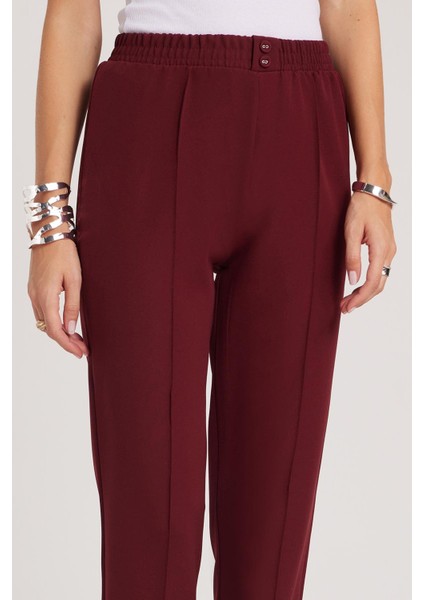 Kadın Relax Fit Rahat Kesim Yüksel Bel Düz Paça Beli Lastikli Bordo Pantolon modelleri