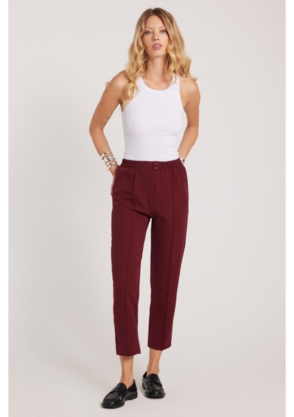 Kadın Relax Fit Rahat Kesim Yüksel Bel Düz Paça Beli Lastikli Bordo Pantolon fırsatları
