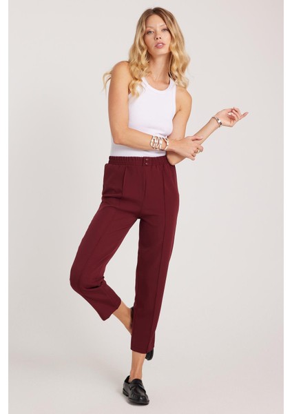 Kadın Relax Fit Rahat Kesim Yüksel Bel Düz Paça Beli Lastikli Bordo Pantolon indirimleri