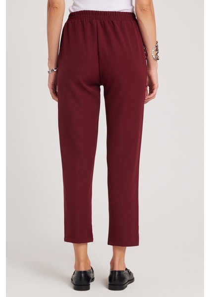 Kadın Relax Fit Rahat Kesim Yüksel Bel Düz Paça Beli Lastikli Bordo Pantolon