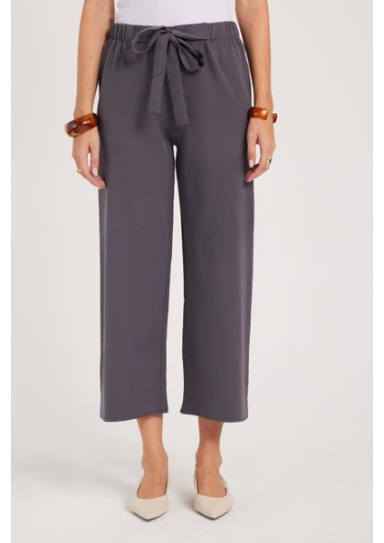 Kadın Relax Fit Rahat Kesim Lastikli Kuşak Bağlamalı Geniş Paça Antrasit Pantolon