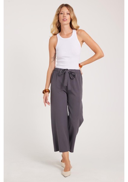 Kadın Relax Fit Rahat Kesim Lastikli Kuşak Bağlamalı Geniş Paça Antrasit Pantolon fiyatları