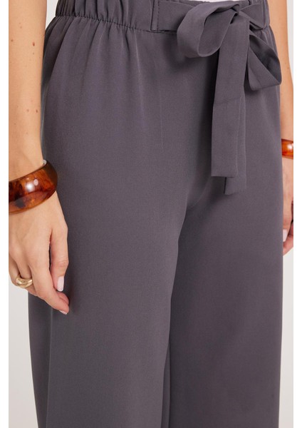 Kadın Relax Fit Rahat Kesim Lastikli Kuşak Bağlamalı Geniş Paça Antrasit Pantolon modelleri