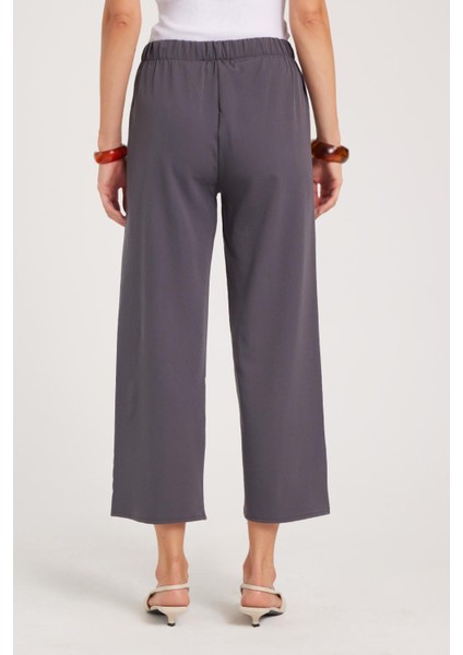 Kadın Relax Fit Rahat Kesim Lastikli Kuşak Bağlamalı Geniş Paça Antrasit Pantolon