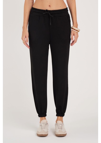 Kadın Relax Fit Rahat Kesim Modal Kumaş Beli Bağlamalı Lastikli Jogger Siyah Pantolon