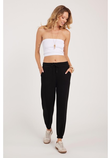 Kadın Relax Fit Rahat Kesim Modal Kumaş Beli Bağlamalı Lastikli Jogger Siyah Pantolon fırsatları