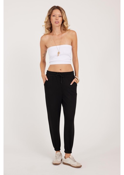 Kadın Relax Fit Rahat Kesim Modal Kumaş Beli Bağlamalı Lastikli Jogger Siyah Pantolon indirimleri