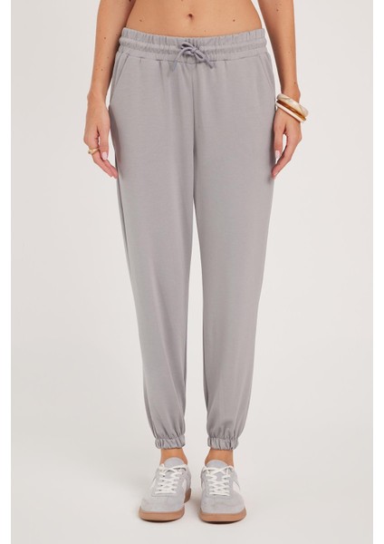 Kadın Relax Fit Rahat Kesim Modal Kumaş Beli Bağlamalı Lastikli Jogger Gri Pantolon