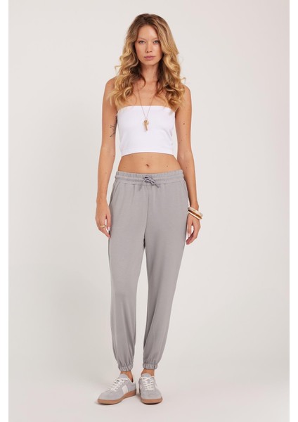 Kadın Relax Fit Rahat Kesim Modal Kumaş Beli Bağlamalı Lastikli Jogger Gri Pantolon fırsatları