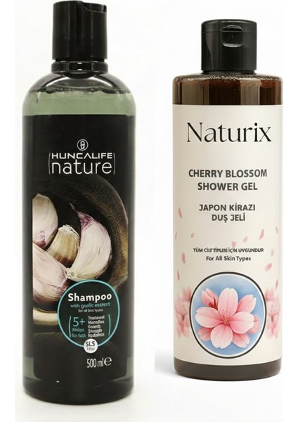 Nature Sarımsaklı Şampuan 500 ml + Naturix Japon Kirazı Çiçeği Duş Jeli 400 ml Set Bakım