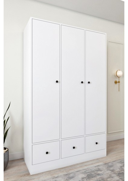Ases ELA848 Modern 3 Kapaklı 3 Çekmeceli Raflı Askılı Gardırop Giysi Dolabı Beyaz