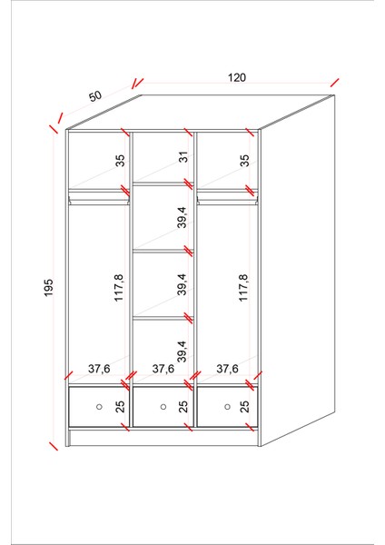 Ases ELA848 Modern 3 Kapaklı 3 Çekmeceli Raflı Askılı Gardırop Giysi Dolabı Beyaz modelleri