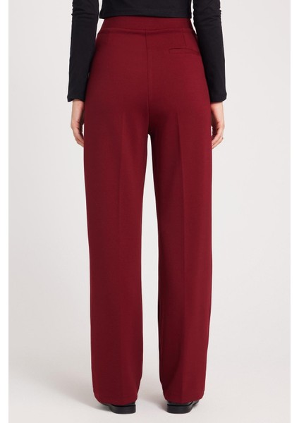Kadın Regular Fit Klasik Kesim Cırt Kapamalı Geniş Paça Bordo Pantolon