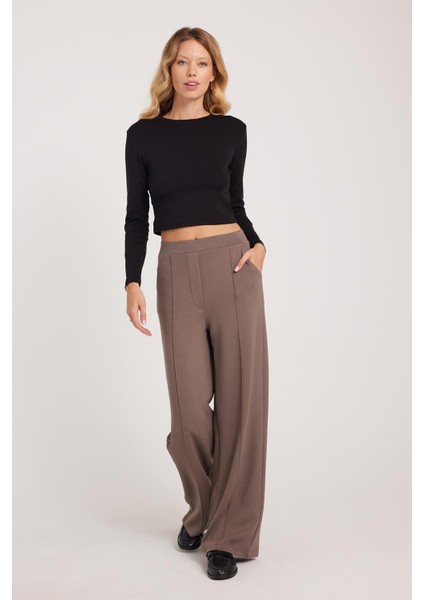 Kadın Relax Fit Rahat Kesim Modal Kumaş Yüksel Bel Geniş Paça açık Kahve Pantolon fiyatları