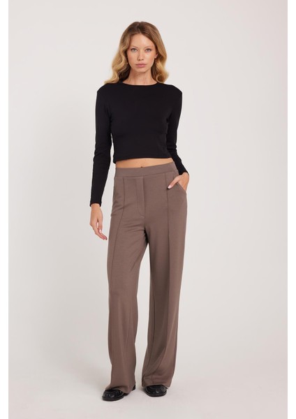 Kadın Relax Fit Rahat Kesim Modal Kumaş Yüksel Bel Geniş Paça açık Kahve Pantolon fırsatları