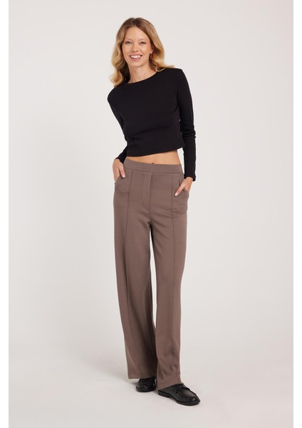 Kadın Relax Fit Rahat Kesim Modal Kumaş Yüksel Bel Geniş Paça açık Kahve Pantolon indirimleri