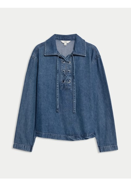 Denim Bağlamalı Bluz