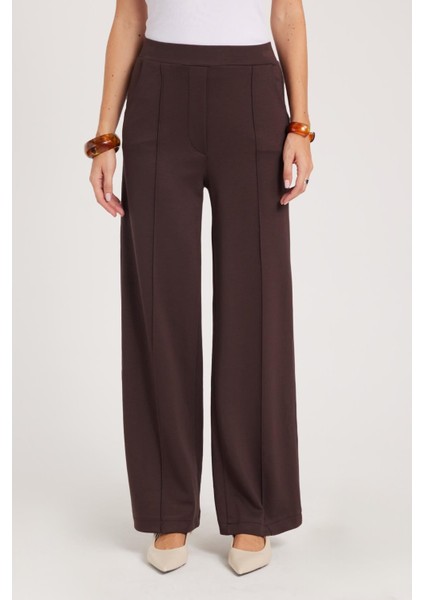 Kadın Relax Fit Rahat Kesim Modal Kumaş Yüksel Bel Geniş Paça Kahverengi Pantolon