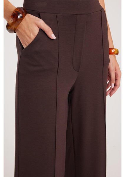 Kadın Relax Fit Rahat Kesim Modal Kumaş Yüksel Bel Geniş Paça Kahverengi Pantolon modelleri
