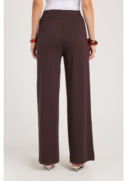 Kadın Relax Fit Rahat Kesim Modal Kumaş Yüksel Bel Geniş Paça Kahverengi Pantolon