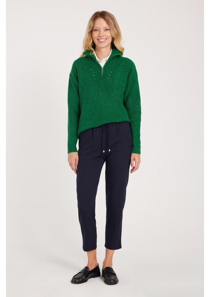 Kadın Relax Fit Rahat Kesim Yüksel Bel Dar Paça Beli Lastikli Bağcıklı lacivert Pantolon fiyatları