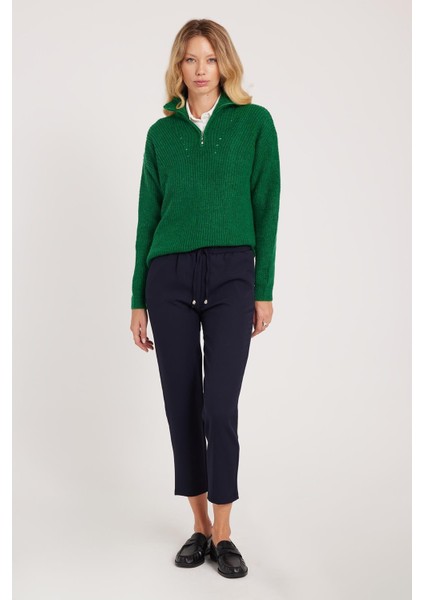 Kadın Relax Fit Rahat Kesim Yüksel Bel Dar Paça Beli Lastikli Bağcıklı lacivert Pantolon fırsatları