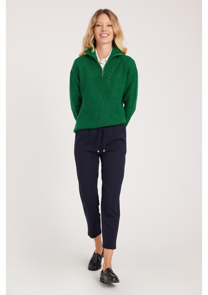 Kadın Relax Fit Rahat Kesim Yüksel Bel Dar Paça Beli Lastikli Bağcıklı lacivert Pantolon indirimleri