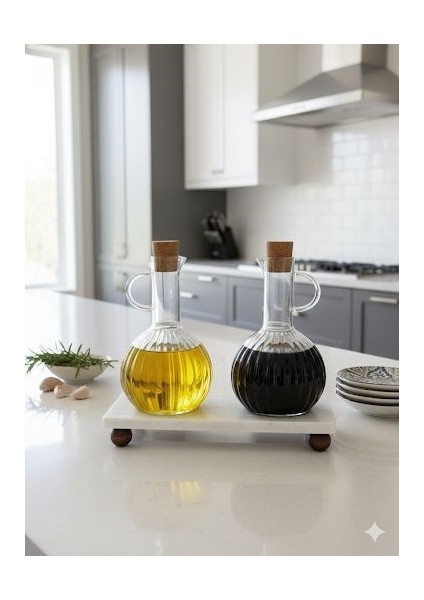 Mermer Stantlı Borosilikat Cam 2'li Akasya Kapaklı Yağlık Sosluk 300 ml